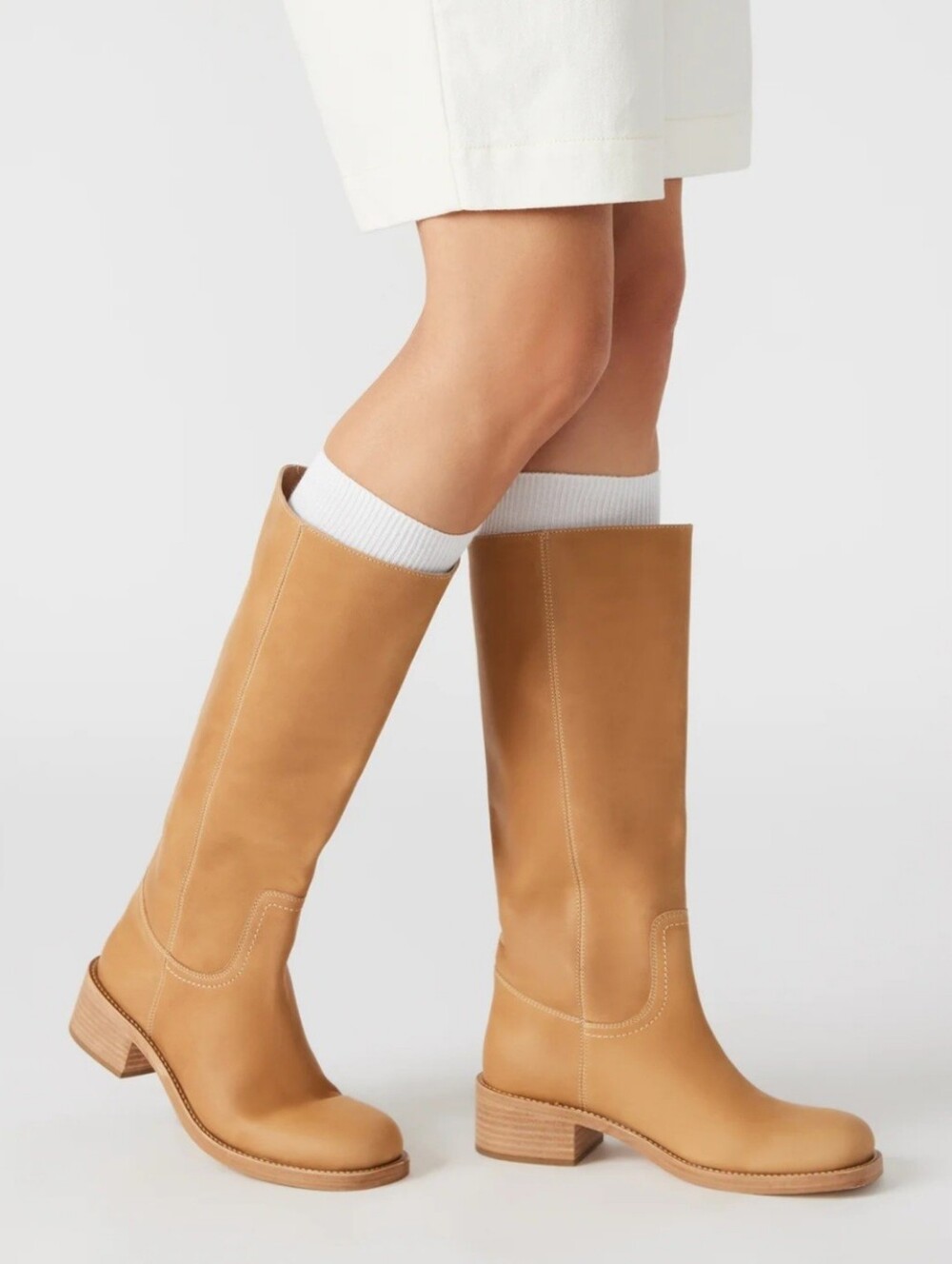 Steve Madden Knee High Boots 9.5 Tan Leather Riggs Biker Chunky Pull On New $200